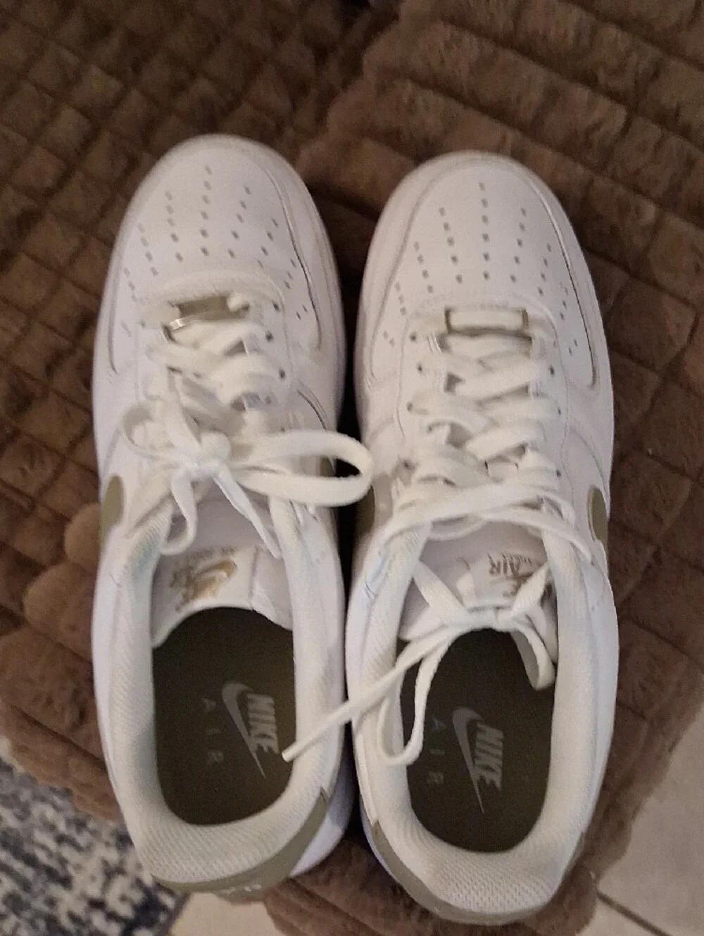 Nike White Low-Top Athletic Sneakers with Olive Swoosh
